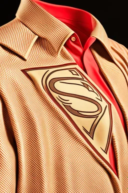 Men's Superman's Gucci Winter Dress Shirt elegant inspired by Superman's emblem design beige tones with dual color on a white background, product catalog photography, soft spot lighting, depth of field, 4k –ar 3:5 –q 2