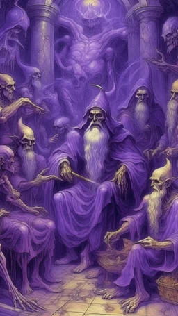 A purple underworld realm with Halloween spirits painted by Leonardo da Vinci
