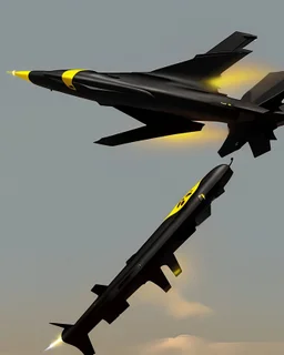 A black missile flying in the sky with a yellow dot