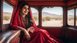 Hyper Realistic Photographic Close View Of A Beautiful Pakistani Pashto Young Woman Sitting Inside A Traditionally Crafted Pakistani Buss And Looking Outside From That Pakistani Buss's Window, Woman Is Smiling, Have Beautiful Eyes & Beautiful Long Black Hair Whirling From Outside Window (Wearing Red Dress With Maroon Embroidery & White Dupatta) At Beautiful Sunny Day Showing Dramatic And Cinematic Ambiance.