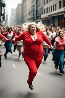 an obese terrified blonde woman in a red pant suit desperately running away from an angry mob of thousands of people chasing her down a city street