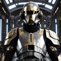 star wars bald male corellian pilot wearing pearlescent black and gunmetal grey First Order special forces heavy assault armor and helmet with gold trim inside the jedi temple, centered portrait, hyperdetailed, dynamic lighting, hyperdetailed background, 8k resolution, volumetric lighting, light skin, fully symmetric details