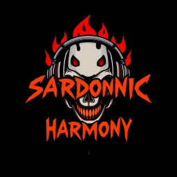 abstract logo for rock band orange text "SARDONIC HARMONY" in a futuristic robotic font, sinister evil marshmallow head with headphones and red flames, horror, black negative space, by Petros Afshar