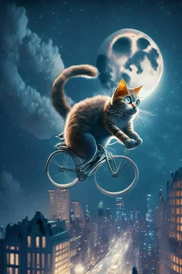 A pedaling cat riding a bicycle is flying at night in the sky over tall buildings.