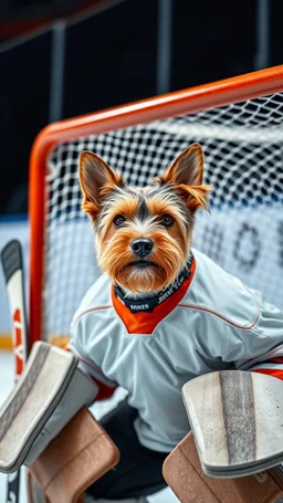 yorkton terriers hockey goalie in front of goal, with the head of a tarrier dog