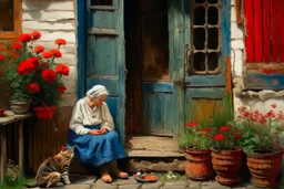 oil on roughened canvas, Textured Scumbling Technique, loose unstructured, Monet brush strokes. vintage feel. Old wooden Open housedoor with peeling paint, window next to door. An old woman with a curled sleeping cat beside her is sitting on an old tatty wooden bench. flowers, and pots. scruffy rundown pop hue of red