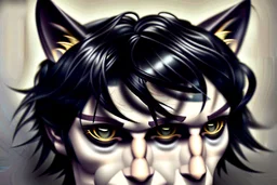 man with messy black hair, gold eyes, large black cat ears on his head, realistic