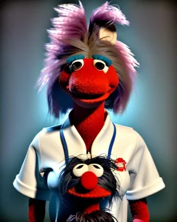 Portrait, hybrid character, waitress woman with monster muppet mask that covers her entire head, retro style, Sesame Street style, smooth, unreal engine 5, god lights, ray tracing, RTX, lumen lighting, ultra detail, volumetric lighting, 3d.