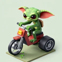 isometric voxel minecraft gremlin on 3 wheel scooter bike