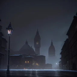 A very dark square in Florence in a stormy night. Snow is covering the pavement. A cathedral in the background. A black cat sitting under a streetlight. Unreal Engine. HDR. 8K.