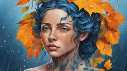 blue background, 18th century, portrait Woman 43 years old, rain, wind, autumn, leaves, splashes, tears, plants, yellow, blue, green, orange colors, bright, shower, drops, detailed, fine drawing, high detail, high resolution , 8K, rain, tattoo, city, rain