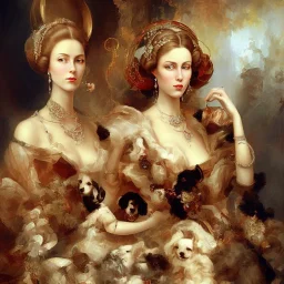 an abstract painting of an elegant lady, smoking, with two dogs