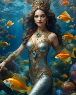 Fullbody excellent pose gorgeous photography art realistic,cinematic realistic colors,soft blur ,natural beauty, of young woman, smiling, beautiful, shiny grey eyes, make up,Queen Persian style, shiny baubles, ornate, large gemstones, shiny molten metalics, shiny wire filigree, brown hair, high definition, Walk in underwater scene teeming with colorful fish nemo, many full fishes swim, and gentle sea turtle