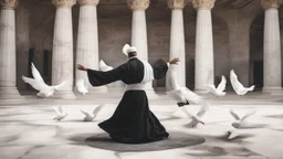 Hyper Realistic Sufi Whirling on stone floor with Black Clothed Islamic Sufi Rustic Grungy Background outside white marble Islamic monument with white pigeons flying