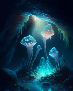 A subterranean crystal cavern where sentient fungi communicate through bioluminescent signals