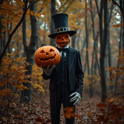 Pumpkin king in 1920s suit in an autumn forest spooky