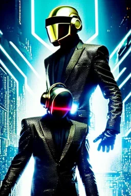 Metallic Cyber-punk man with camera-mask, old AKG-style headphones, golden rings. Fencing mask covers man's cheeks. Good body shape. Body and head full of integrated. old-fashioned cameras. Ancient silver telephone attached to perfect body, trunk. 5th dimensional Escher tiling background. Daft Punk, Tron Movie. Matrix movie, black leather jacket, tippet. Black latex areas in leather surfaces body. 1990's. Ancient AKG-microphone as mouth. Closely packed holes. Minimalistic fashion haute couture