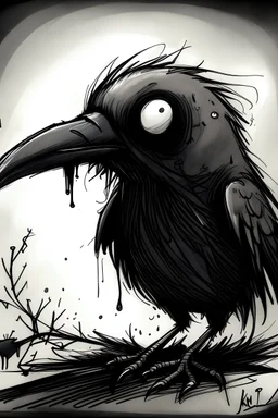 A raven drawn in the style of tim burton
