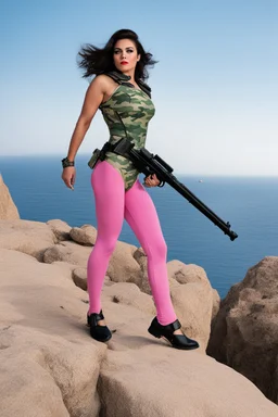 SNIFFIN’ GLUE magazine high res photo cover "This Will *NEVER* Stop!": a warrior woman in camo leotard one foot on each bank of the strait of Hormuz a big pink gun in her hand, legs spread: right foot on a cliff, left foot on the other side (special issue: the strait of Hormuz, March 2026) a supertanker, explosions and crude oil in the background