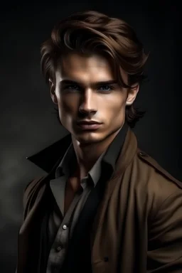 Fantasy world, young hot man with brown hair, dressed elegant as hunter, with a sharp face and a light smirk on the lips