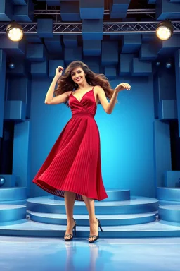 a pretty stage made of metallic blue-gray teme 3d recursive cubic and sphere base structures and a beautiful fashion model lady dancing with joy and cute ,with dark red Decollete top and pretty pleated midi skirt ,makeup curvy long hair,dynamic camera zoom to full body and pan, dynamic lights.
