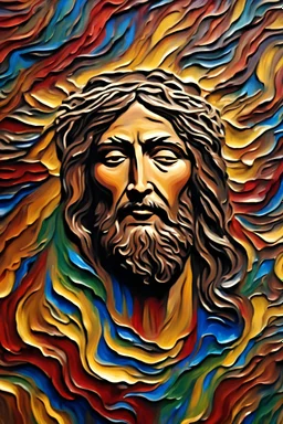 Detail palette painting impasto knife painting on canvas, swirls twisting pallets knife painting, thick detailed painting texture, realistic shadows, thick impasto texture style. Jesus Christ with His Crown, The background is composed of exquisite colorful ripples. The shape and direction of the ripples are varied, giving a sensation of water or magic. 3D sand sculpture. Rendering. Super realistic. 8 thousand. Please generate photos.
