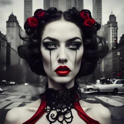 a photo of gothic girl, surrealism style, dali, three eyes in your face, red lips, newyork city