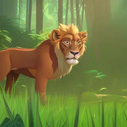 picture for children's book showing a cute lion behind tall grass in the jungle.