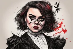 create a wild caricature of Maisie Williams as a savage, sullen, gothpunk vampire girl with highly detailed and refined facial features and hair, clothed in an ornate Gothic rags and fishnet stockings, in the caricature cartoon style of Gerald Scarfe and Ralph Steadman, precisely drawn, boldly inked, vividly colored, 4k