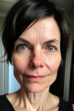 A selfie of a brunette woman with a round face, short hair and small eyes taken at home. showing incredibly beautiful extremely attractive 47-year-old European woman. (She has white skin, tousled black hair, pretty face without makeup, big round brown eyes, cute profiled nose, detailed full lips.)