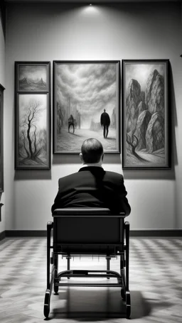 a rear view of a man sitting on a wheelchair facing a a surrealism picture on the wall ,