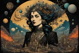 Ravi Zupa ,Max Ernst, surrealist alcohol ink portrait illustration of young woman traversing the multiverse of transformative and expanded consciousness, blurring the boundaries between mortal and immortal in search of a mythical paradise, sharply defined and detailed, 4k in dark moody natural colors, isometric view