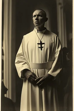 a priest in a crowded church who realizes that he is having an attack of colitis and, while he is preaching, tries to hold back a big fart. Insane details, photo shooted by Nadar. Low contrast, no hands