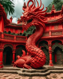 A light red fiery palace with a dragon guarding it designed in Mayan architecture