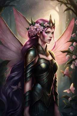 Pink,Hydrangea,orchids,lilies of the valley,night,pink hair,rapunzel hair,elven crown,dragonflies,pointed ears,elven ears,dark fairy princess,sparkle,,dark gold armour,fairy wings,pink