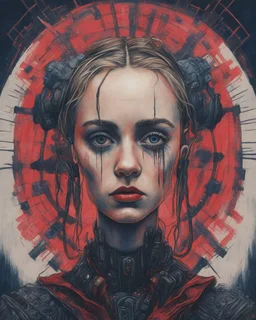 A portrait of a Singer Danish MØ face, cyberpunk, symmetry, hyperdetailed, painting by John Kenn Mortensen,darkblue and red tones,