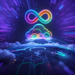 Colourful 3D glowing infinity symbol ∞, hovering above a colourful glowing cloud, network and lights coming from the cloud onto a futuristic map of the globe, inspiring, neon, glowing, friendly, beautiful, octane render, 8k post-production, artstation: award-winning: atmospheric: commanding: fantastical: clarity: 16k: ultra quality: striking: brilliance: liquid medium: stunning colors: amazing depth; lens: f/8, 28mm