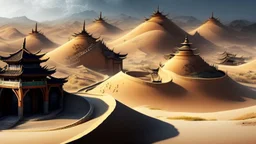 ancient, fantasy, chinese town, dune, crater, sand strom, destroyed chinese houses