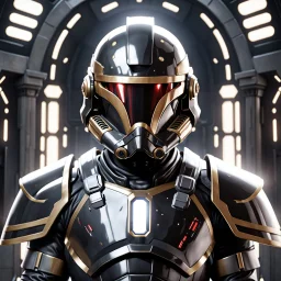 star wars bald male corellian pilot wearing pearlescent black and gunmetal grey First Order special forces heavy assault armor and helmet with gold trim inside the jedi temple, centered portrait, hyperdetailed, dynamic lighting, hyperdetailed background, 8k resolution, volumetric lighting, light skin, fully symmetric details