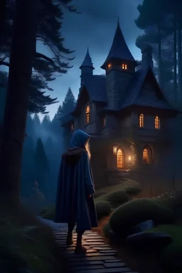 Photographed, realistic, cozy wizard castle, hidden in a forest. Large windows to the ground. At twilight, with fairy lights. Home of Merlin. Cloaked, hooded person in the foreground