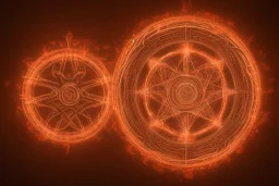 a fiery wheel with 100 eyes floating above the ground, a laser beam pentagram floating above the ground, celtic knot bronze floating, golden ratio, spring time, mushrooms, 8k, flickering light, centered, high-quality, fine-detail, digital art, detailed matte, volumetric lighting, illustration, 3D octane render