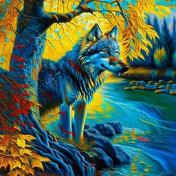 Oil painting of a wolf hyper-detailed hyper-realistic Renaissance art trees river complementary colors blue yellow red green 4k