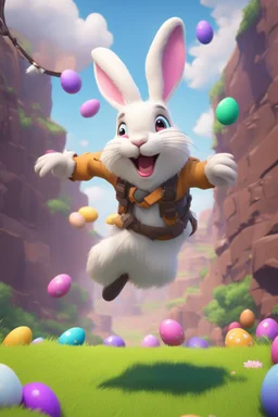 Easter bunny falling from the skye in to a pit animated like he is gliding in fortnite