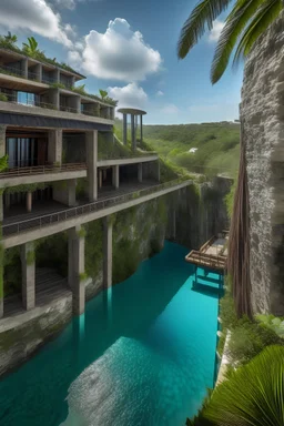 hotel inspirado en la cultura maya con personas y con un cenote