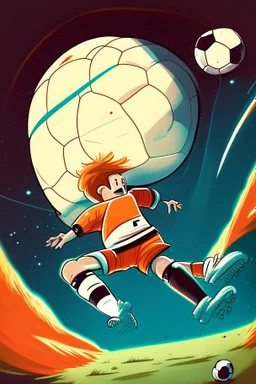 A person playing soccer in space scores a goal on Jupiter cartoon 2d