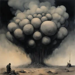 Big Bertha trampled you down 8 shells an hour, 8 hundred kilograms of trinitrotoluene, WWI, War composition, watercolor and ink, Style by Zdzislaw Beksinski and Frank Frazetta and Colin McCahon, dark colors, surreal horror art, nightmarish atmosphere, dynamic composition, sfumato, smoke plume with fiery text "1914"