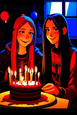 spiderman into the spider verse tarzı 17 yazan mum ile doğum günü kutlayan 2 kız birinin saçı kısa karakterlerin görüneceği kadar aydınlık soldaki kızın saçı daha kısa yüz ifadeleri değişsin çizgi roman tarzı gölgelendirme