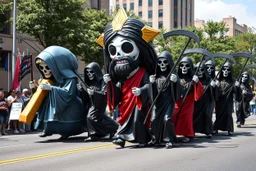 cartoonish jesus parade balloon pulled by multiple grim reapers, multi colored, bright, vivid, psychedelic, high detailed, high gloss, insanely detailed, matte, horrorcore, lining the street, unsettling contrast, monument to death, live action shot grim reaper parade, pulling a jesus parade float
