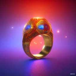 Ring made by wood roots and shreds of glass, orange diamonds sparkles, red rubi fragments around, blue lights reflexes, complex structure, gold details, intricate ring pattern,Unreal Engine 5, macro lens,sharp focus, photorealistic, hyper detailed, studio lighting, neon light ambient, cinematic