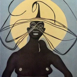 drawn in single line by Nicolai Blatter with hatch with parallel wavy lines metal engraving with african man dance procession in salvador dali style or picasso style